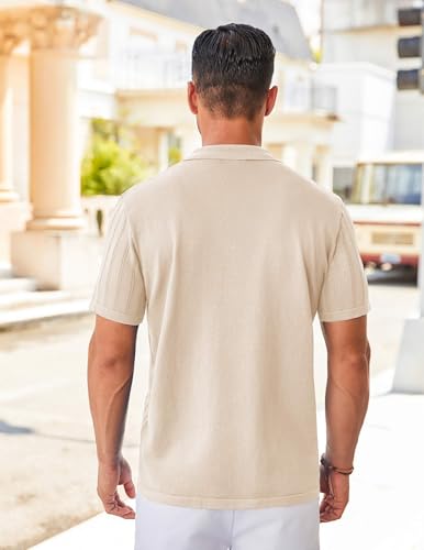 Men's Knit Shirts Short Sleeve Button Down Polo Shirt Vintage Casual Summer Beach Shirts