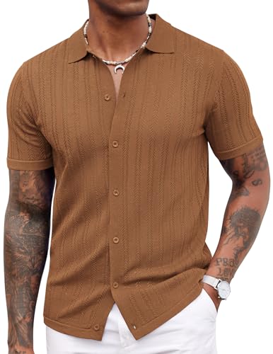 Men's Knit Shirts Short Sleeve Button Down Polo Shirt Crochet Casual Vintage Summer Beach Shirts