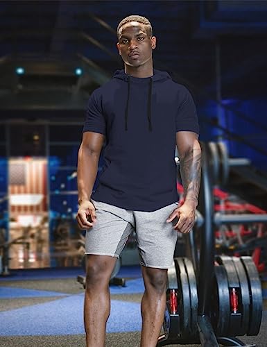 Men's Short Sleeve Hoodie Workout Gym Sweatshirt Muscle Fit Fashion Athletic Hoodies Pullover Cotton Hooded T-Shirts