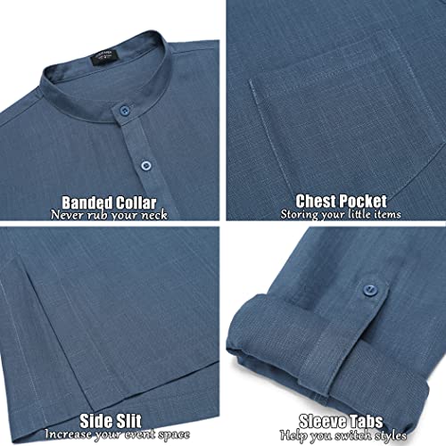 Men's Linen Henley Shirts Long Sleeve Collarless T-Shirts Longline Kurta Beach Shirts with Pocket