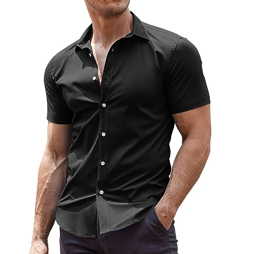 Men's Muscle Fit Dress Shirts Wrinkle-Free Short Sleeve Casual Button Down Shirt