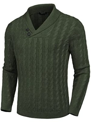 Men's Shawl Collar Pullover Sweater Slim Fit Casual Button Cable Knit Sweaters