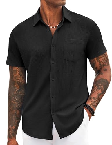 Mens Casual Button Down Shirt Short Sleeve Textured Shirt Summer Beach Vacation Shirts with Pocket