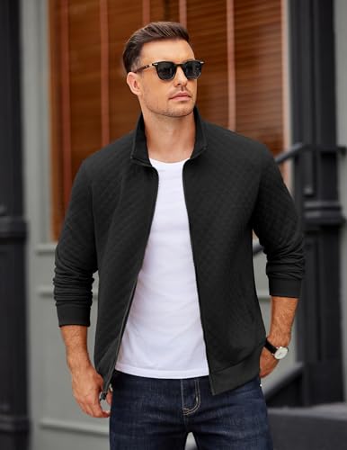 Mens Zip Up Sweatshirt Mock Neck Quilted Jacket Casual Lightweight Sweater Jackets with Pocket