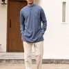 Men's Linen Henley Shirts Long Sleeve Collarless T-Shirts Longline Kurta Beach Shirts with Pocket