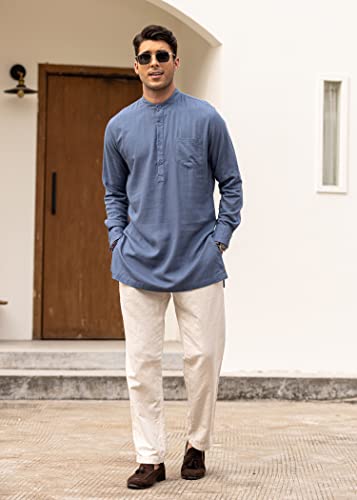 Men's Linen Henley Shirts Long Sleeve Collarless T-Shirts Longline Kurta Beach Shirts with Pocket