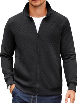 Mens Zip Up Sweatshirt Mock Neck Quilted Jacket Casual Lightweight Sweater Jackets with Pocket