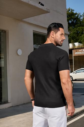 Mens Slim Fit Knit Polo Shirts Business Lightweight Polo Sweater Casual Summer Ribbed Textured Collared T Shirt