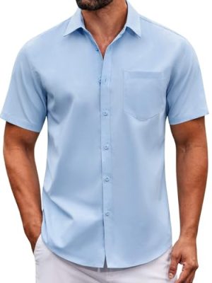 Mens Casual Button Down Shirts Short Sleeve Summer Untucked Dress Shirt with Pocket