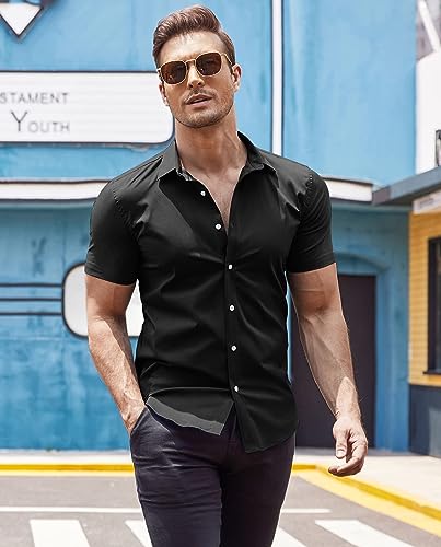 Men's Muscle Fit Dress Shirts Wrinkle-Free Short Sleeve Casual Button Down Shirt
