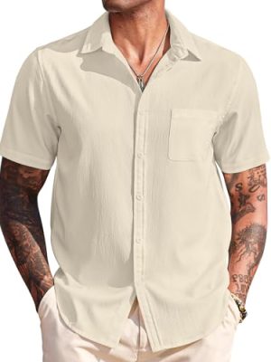 Men's Casual Short Sleeve Button Down Summer Beach Shirt Lightweight Textured Wrinkle Free Untucked Shirts