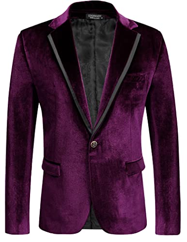 Men's Velvet Blazer Notched Lapel One Button Velour Tuxedo Jacket for Prom Wedding Party Dinner