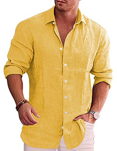 Men's Casual Button Down Shirt Long Sleeve Linen Chambray Shirt