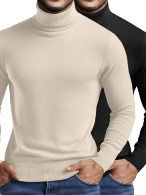 2 Pack Men's Turtleneck Sweater Slim Fit Knitted Basic Tops Lightweight Long Sleeve Ribbed Casual Pullover Top