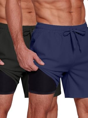 Men's 2 in 1 Running Shorts 2 Pack Athletic Shorts Quick Dry Gym Training Workout Shorts with Pockets