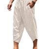 Men's Linen Harem Capri Pants Lightweight Loose 3/4 Shorts Drawstring Elastic Waist Casual Beach Boho Yoga Trousers