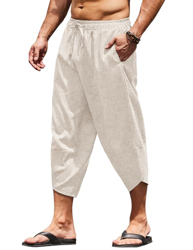 Men's Linen Harem Capri Pants Lightweight Loose 3/4 Shorts Drawstring Elastic Waist Casual Beach Boho Yoga Trousers
