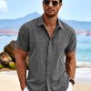 Men's Linen Shirts Short Sleeve Casual Shirts Button Down Shirt for Men Beach Summer Wedding Shirt