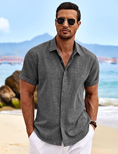 Men's Linen Shirts Short Sleeve Casual Shirts Button Down Shirt for Men Beach Summer Wedding Shirt