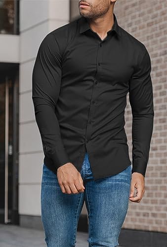 Men’s Muscle Fit Dress Shirts Athletic Slim Fit Long Sleeve Stretch Casual Button Down Shirt