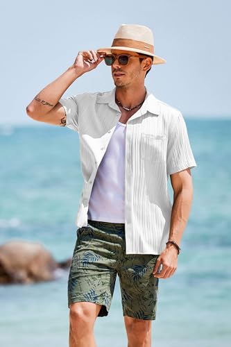Men's Short Sleeve Casual Button Down Shirts Textured Summer Beach Shirt with Pocket