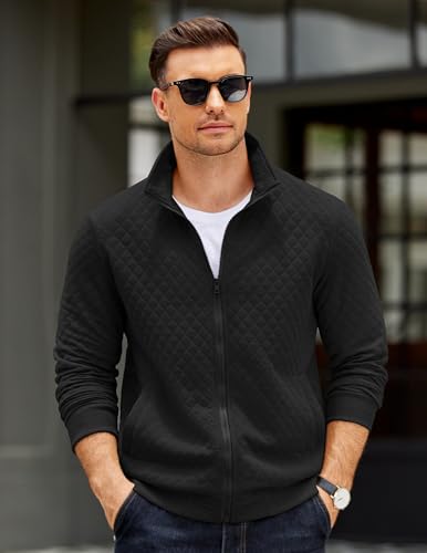 Mens Zip Up Sweatshirt Mock Neck Quilted Jacket Casual Lightweight Sweater Jackets with Pocket