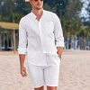 Linen Sets For Men 2 Piece Button Down Shirt Long Sleeve and Casual Beach Drawstring Waist Shorts Summer Outfits