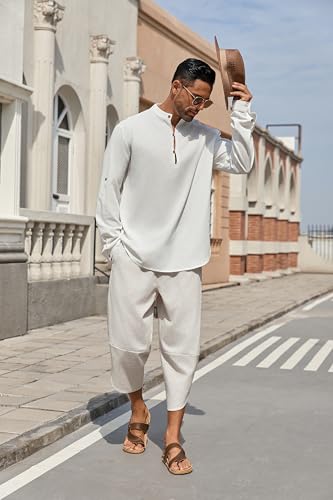 Men's Linen Harem Capri Pants Lightweight Loose 3/4 Shorts Drawstring Elastic Waist Casual Beach Boho Yoga Trousers