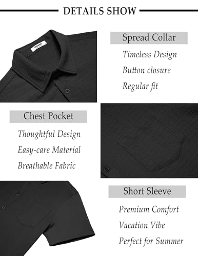 Mens Casual Button Down Shirt Short Sleeve Textured Shirt Summer Beach Vacation Shirts with Pocket
