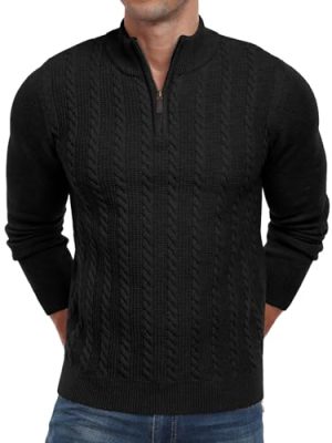 Men's Quarter Zip Sweater Cable Knit Mock Turtleneck Sweater Long Sleeve Soft Casual Pullover Sweater