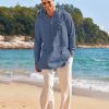 Men's Linen Henley Shirts Long Sleeve Collarless T-Shirts Longline Kurta Beach Shirts with Pocket