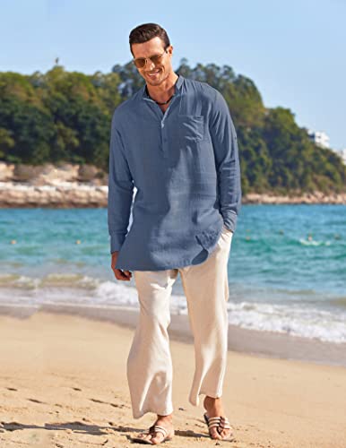 Men's Linen Henley Shirts Long Sleeve Collarless T-Shirts Longline Kurta Beach Shirts with Pocket