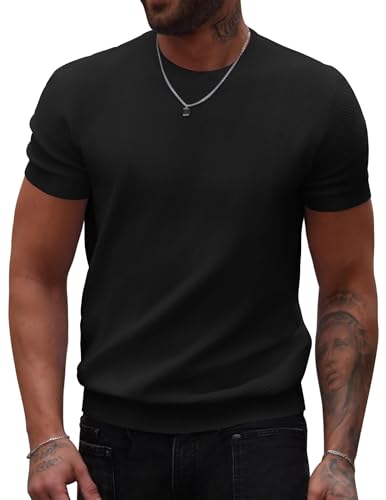 Mens Knit T-Shirts Summer Waffle Shirts Vintage Shirts Short Sleeve Crew Neck Tee Shirt Casual Crochet Top