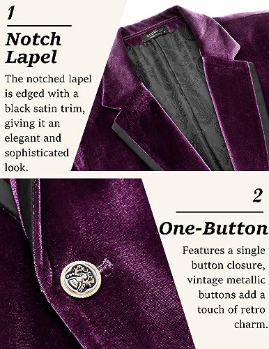 Men's Velvet Blazer Notched Lapel One Button Velour Tuxedo Jacket for Prom Wedding Party Dinner