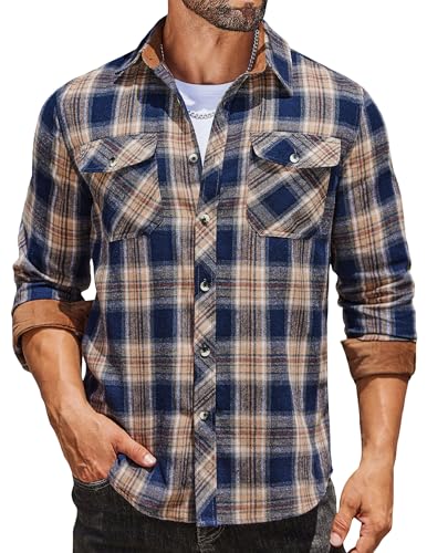 Men's Fall Plaid Button Down Shirt Long Sleeve Casual Cowboy Work Shirts Lightweight Flannel Shirts Two Pocket