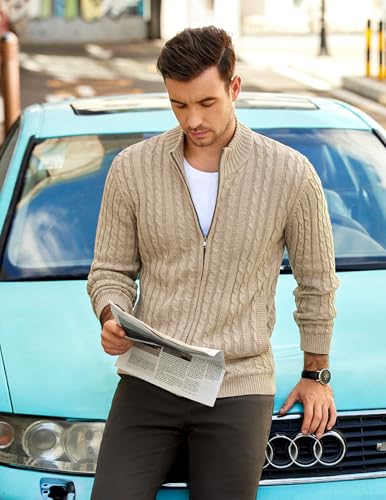 Men's Full Zip Cardigan Sweater Slim Fit Cable Knitted Zip Up Sweater with Pockets