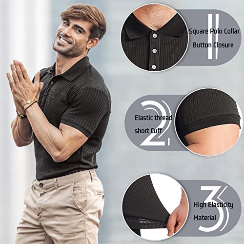 Collared Muscle Polo Shirts Men Slim Fit Textured Knit Polo Shirts Short Sleeve Button Down Shirts Casual Stylish