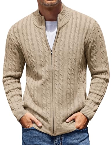 Men's Full Zip Cardigan Sweater Slim Fit Cable Knitted Zip Up Sweater with Pockets