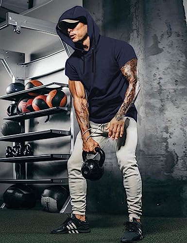 Men's Short Sleeve Hoodie Workout Gym Sweatshirt Muscle Fit Fashion Athletic Hoodies Pullover Cotton Hooded T-Shirts