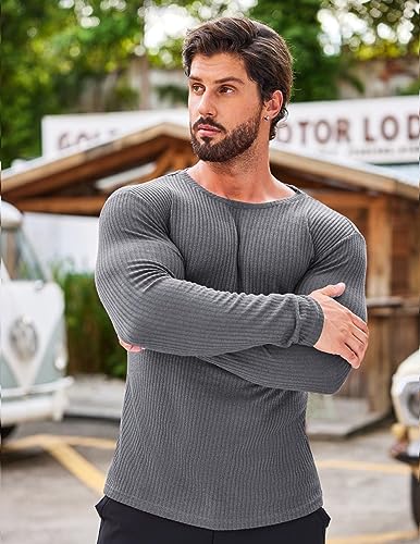Men's 2 Pack Muscle T-Shirt Stretch Long Sleeve Gym Workout Bodybuilding Training Tee Shirts Casual Hipster Tops