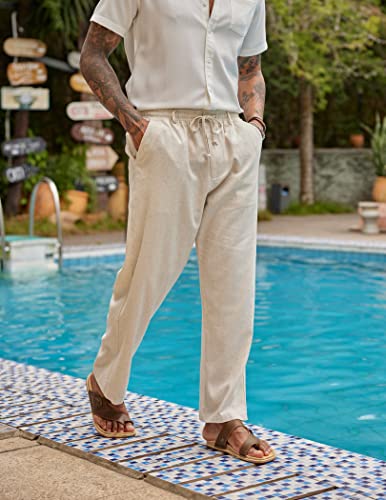 Men's Casual Linen Pants Elastic Waist Drawstring Beach Summer Pants Lightweight Linen Trousers