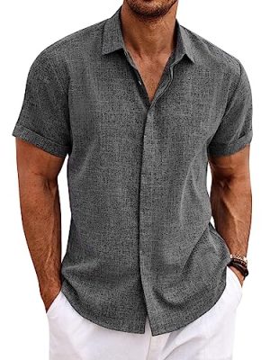 Men's Linen Shirts Short Sleeve Casual Shirts Button Down Shirt for Men Beach Summer Wedding Shirt