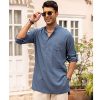 Men's Linen Henley Shirts Long Sleeve Collarless T-Shirts Longline Kurta Beach Shirts with Pocket