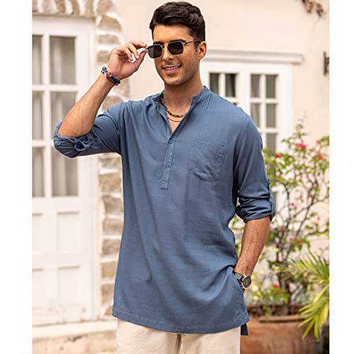 Men's Linen Henley Shirts Long Sleeve Collarless T-Shirts Longline Kurta Beach Shirts with Pocket