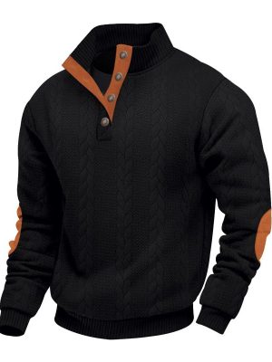 Men's Colorblock Pullover Sweaters Long Sleeve Stand Collar Quarter Button Knitted Sweatshirts Quilted Sweatshirt