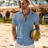 Mens Button Down Short Sleeve Shirt Casual Beach Shirt Summer Vacation Textured Shirts