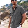 Men's Linen Shirts Short Sleeve Casual Shirts Button Down Shirt for Men Beach Summer Wedding Shirt