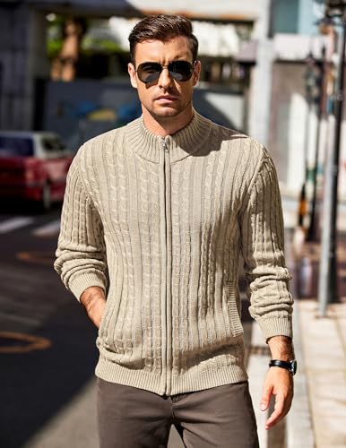 Men's Full Zip Cardigan Sweater Slim Fit Cable Knitted Zip Up Sweater with Pockets